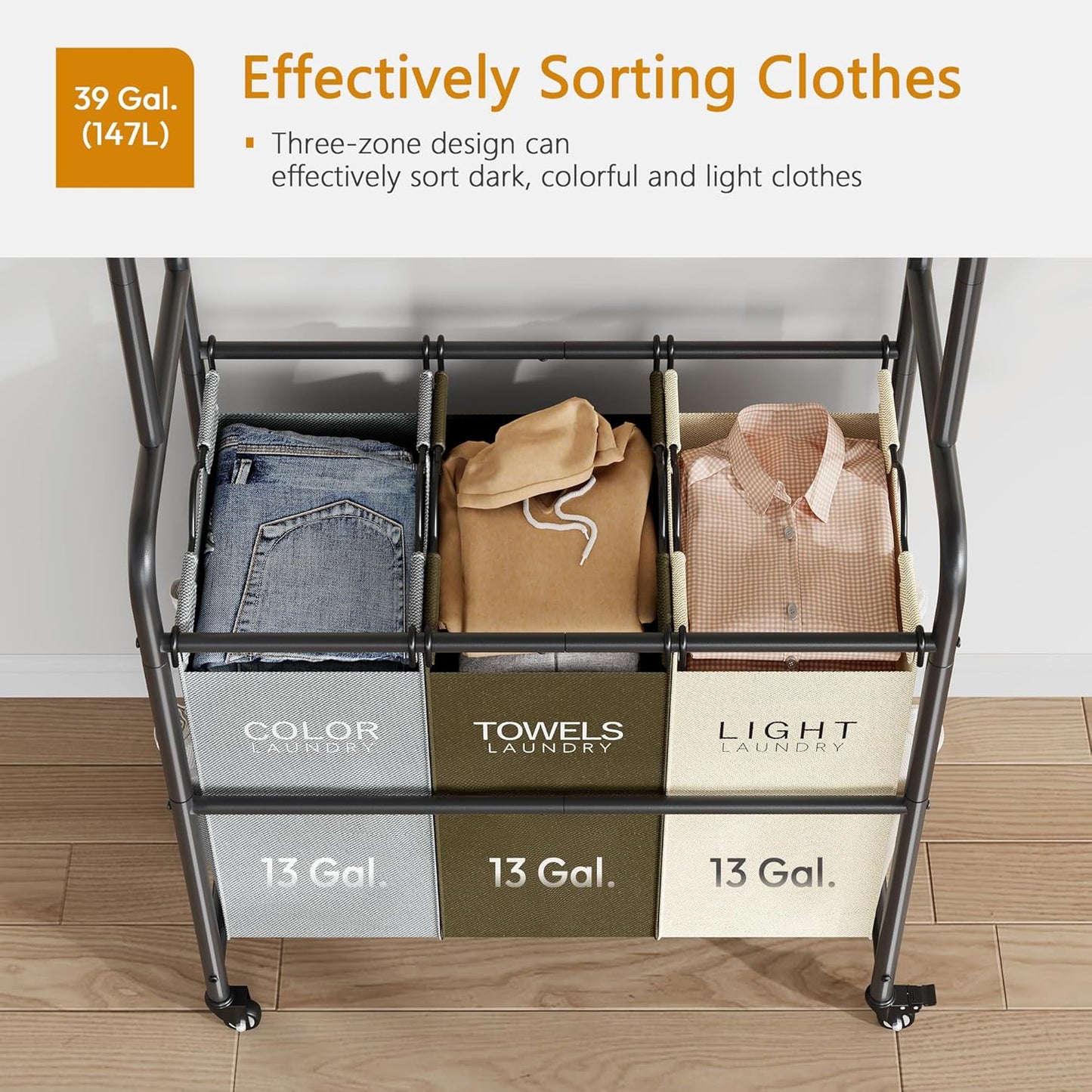 Laundry Sorter 3 Section,Laundry Hamper Cart with Hanging Rack & Removable Bags,Heavy Duty Laundry Basket Organizer with Wheels & 2 Tier Shelf,3 Colors - NestledHome