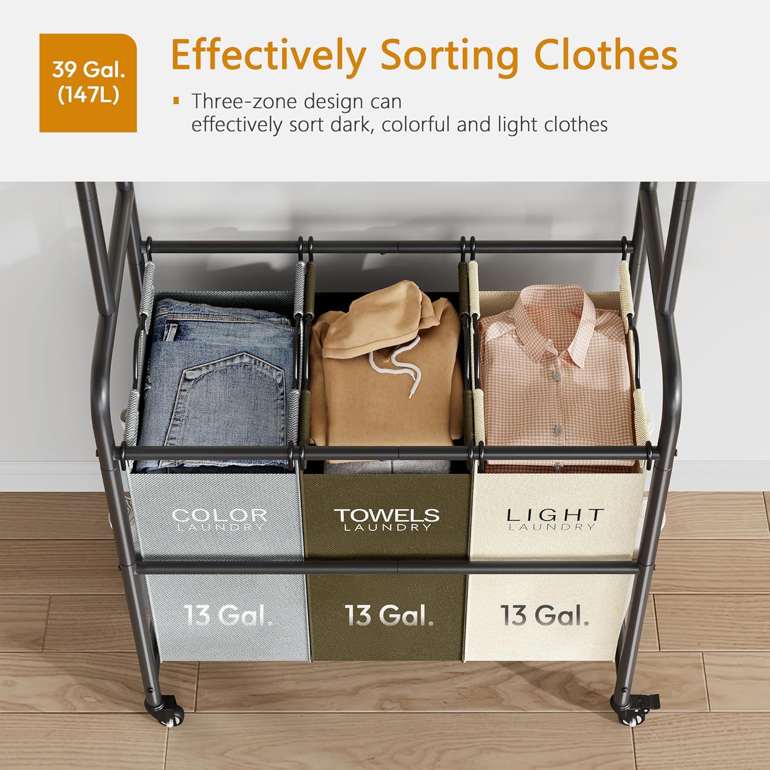 Laundry Sorter 3 Section,Laundry Hamper Cart with Hanging Rack & Removable Bags,Heavy Duty Laundry Basket Organizer with Wheels & 2 Tier Shelf,3 Colors - NestledHome