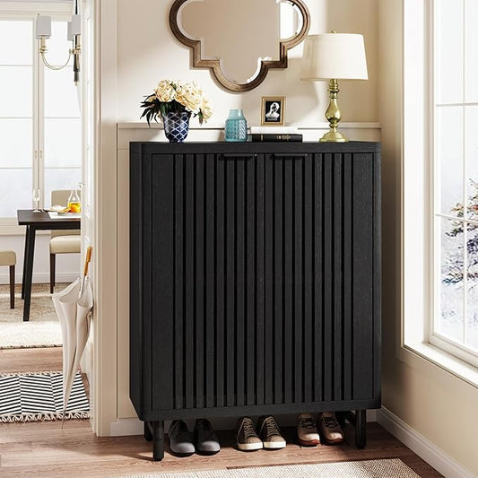 Tribesigns 6-Tier Shoe Cabinet with Shutter Doors, Large Wooden Shoe Organizer Rack with Adjustable Shelves, Modern Farmhouse Hidden Storage Furniture for Entryway, Hallway (Black)