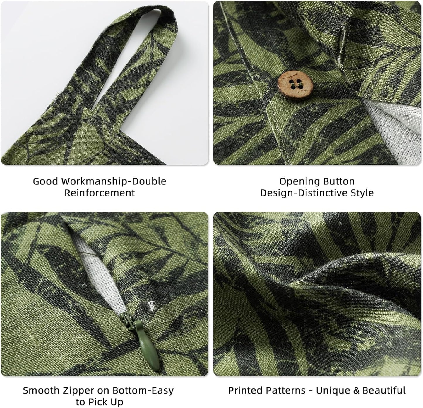 Linen Hanging Laundry Bag, 100% Linen Leaf Print Over The Door Laundry Hamper with Buttons and Zipper, Space Saving Door Hampers for Laundry Dirty Clothes Home Travel, Green, 19.7x27.5inches - NestledHome
