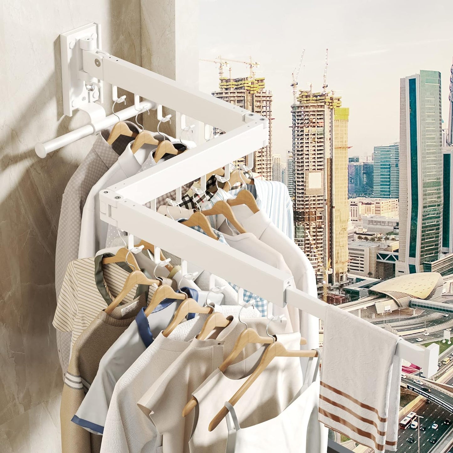 Wall Mounted Clothes Hanger Rack, Clothes Drying Rack,Laundry Drying Rack,Collapsible Clothes Rack Wall Mount, Retractable Drying Rack Clothing,can Fold Upward & Left & Right,White Color - NestledHome