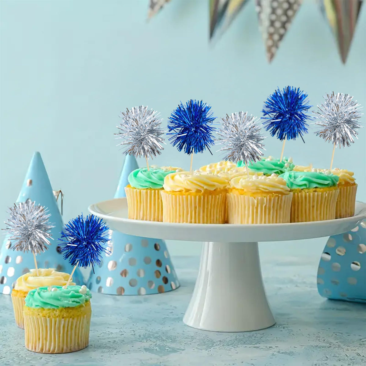 30Pcs Foil Firework Cupcake Toppers Party Birthday Cake Toppers Supplies Sparkle Tinsel Cocktail Fruit Toothpick for Birthday Wedding Graduation Party Supplies Dark Blue Silver (30 Count)