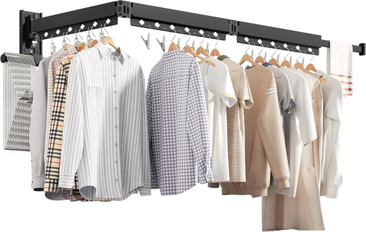 Wall Mounted Clothes Hanger, Aluminum Clothes Drying Rack, Space Saver, Retractable, Windproof Holes, with Clips - NestledHome