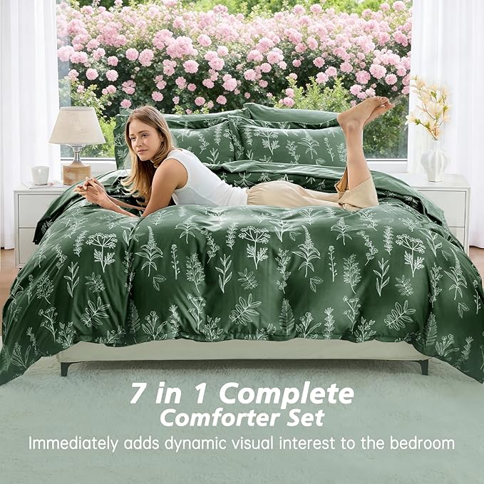 MUXHOMO Dark Green Twin Comforter Set, Elegant Floral Print Bed in a Bag 5 Pieces, Ultra Soft & Breathable Reversible Botanical Pattern Bedding Set with Comforter, Sheets, Pillowcase, and Sham