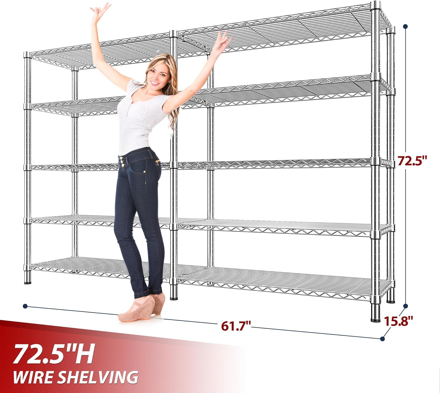 REIBII 1500LBS Storage Shelves 61.7''W Wire Shelving Unit 5 Tier Metal Shelving for Storage Rack Shelves Heavy Duty Garage Shelf Pantry Shelves Kitchen Shelving, 61.7" W*72.4" H*15.8" D, Chrome - NestledHome