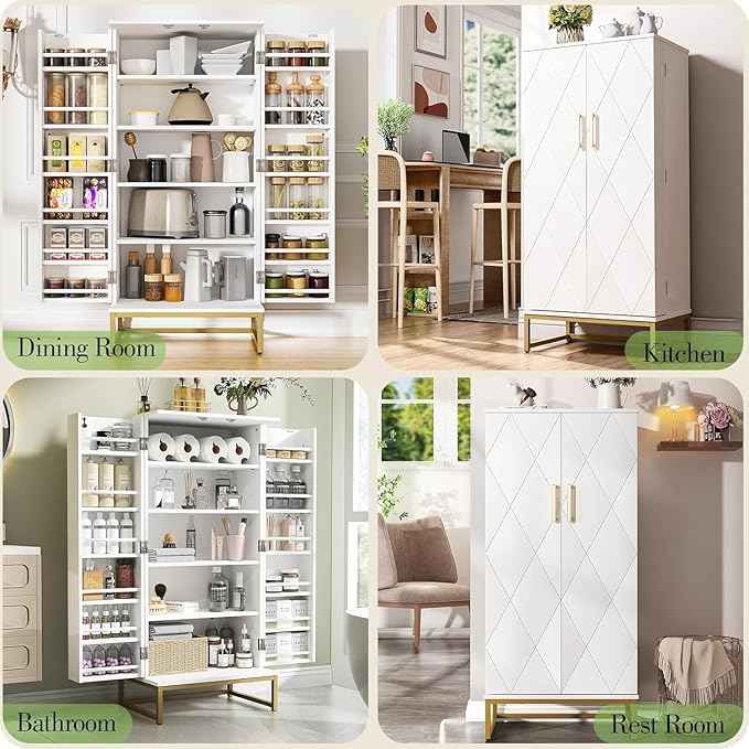 51” Kitchen Pantry Storage Cabinet, White Freestanding Pantry Cabinets with Doors and Adjustable Shelves, Buffet Cupboards Storage Cabinet for Home Office Use, Dinning Room(White + Gold)