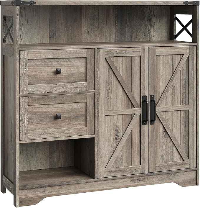 Vabches Farmhouse Buffet Sideboard Cabinet with Drawers and Open Shelf, 38.5" Storage Cabinet with Adjustable Shelves and Door, Modern Coffee Bar Hutch Pantry for Kitchen, Living Room, Entryway, Grey