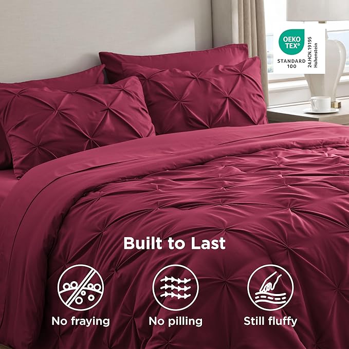 Bedsure Twin Comforter Set Dark Red - Bed in a Bag Twin Size Bedding 5 Pieces, GentleSoft™ Pintuck Bed Set Gift for Family, Pinch Pleat Dark Red Comforter with Sheets, Pillowcase & Sham