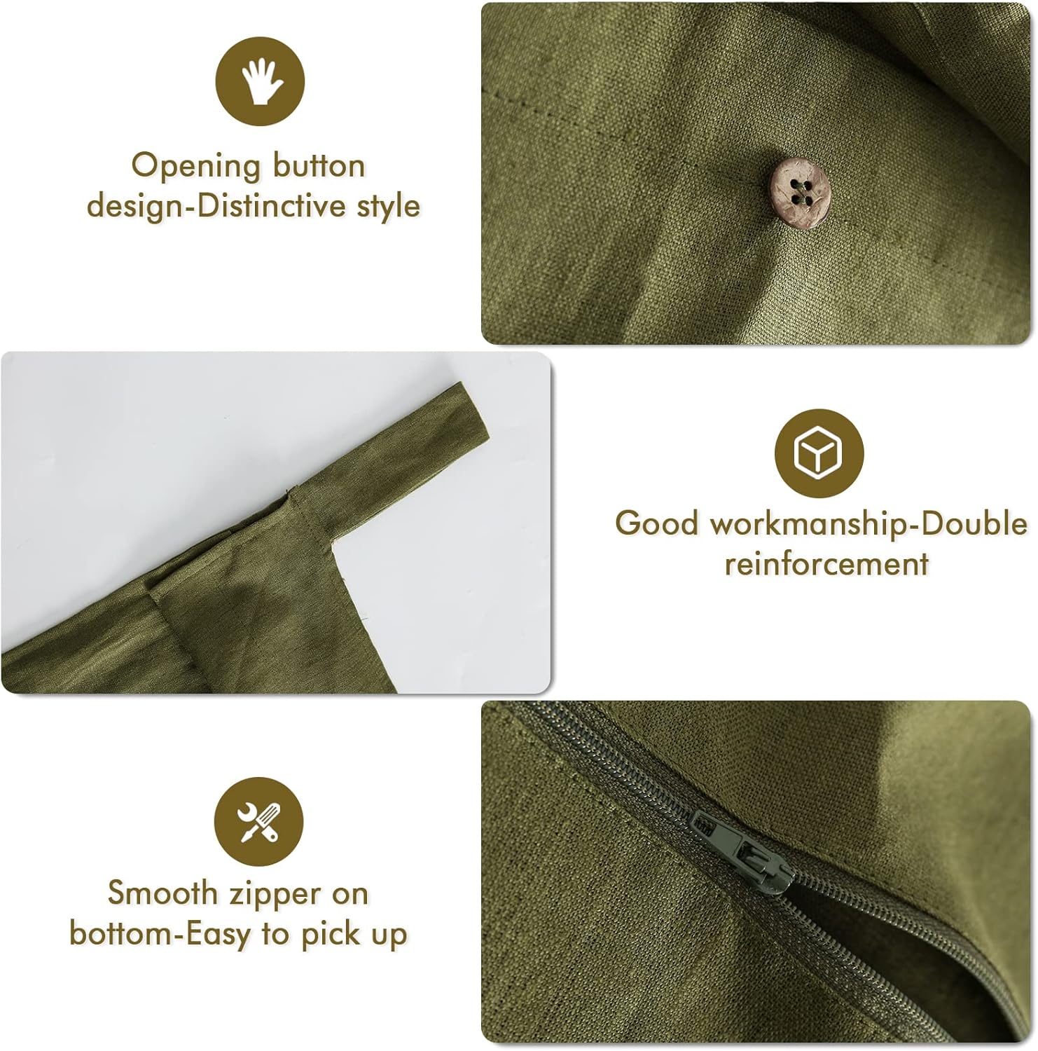 Linen Hanging Laundry Bag, 100% Linen Over The Door Laundry Hamper with Buttons and Zipper, Space Saving Door Hampers for Laundry Dirty Clothes Home Travel, Green - NestledHome