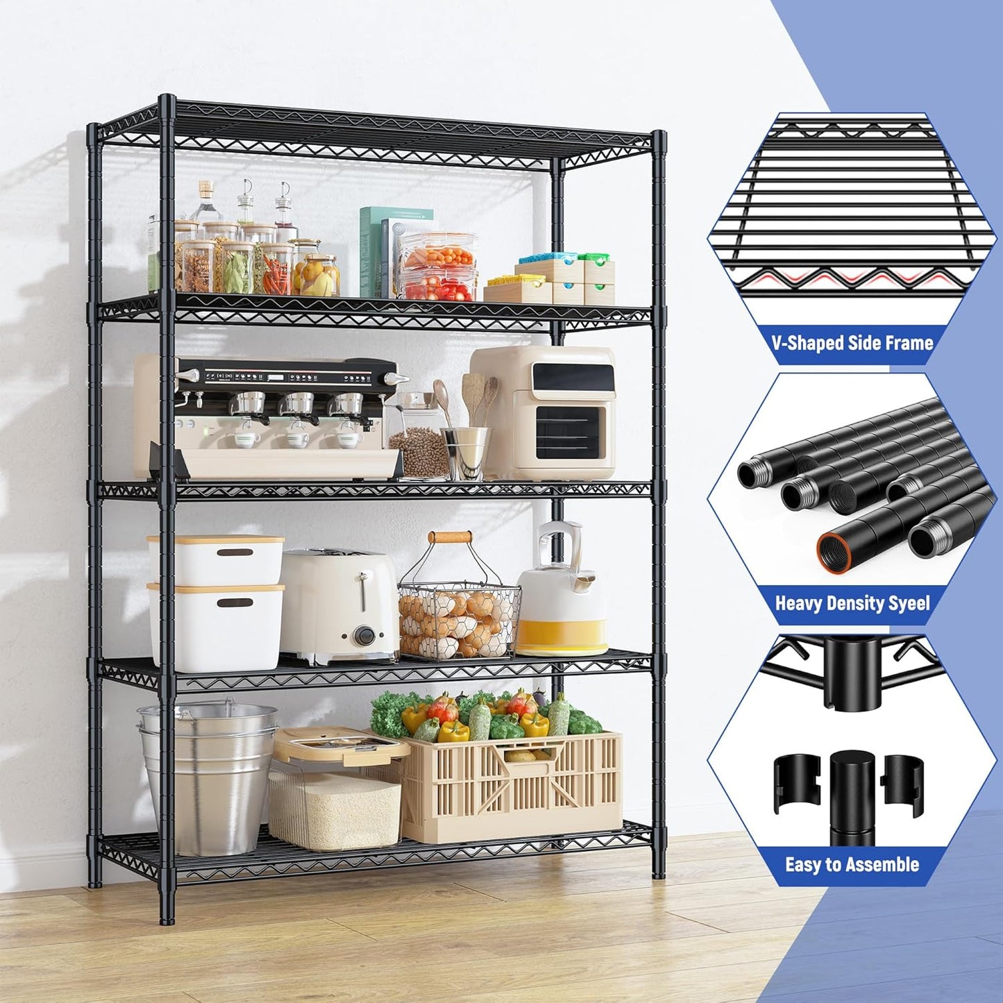 5 Tier Storage Shelves 71"H Wire Shelving Adjustable Metal Shelving,1000LBS Pantry Shelves Sturdy Steel Wire Shelf for Kitchen Commercial Pantry Garage Warehouse ,71"H X35.5"W X13.8"D, Black - NestledHome