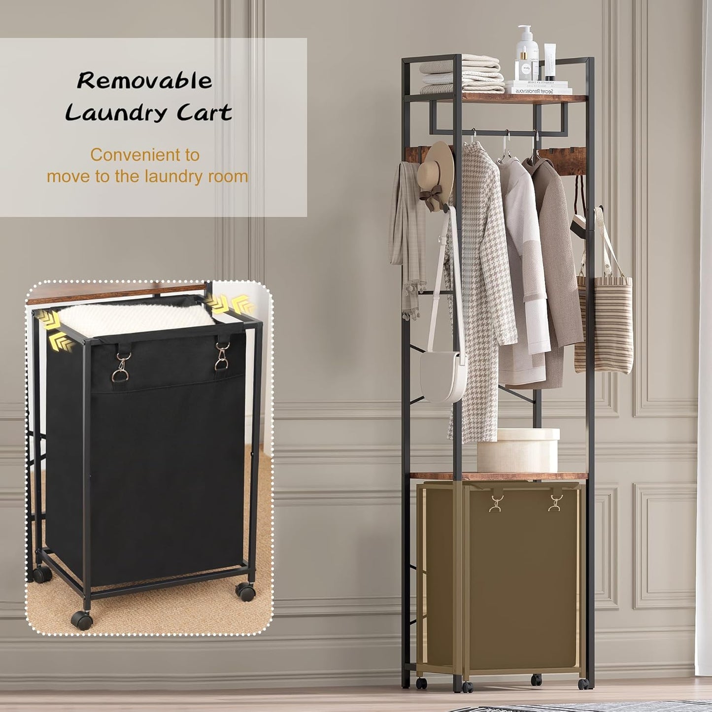 Coat Rack with Laundry Basket, Laundry Hamper Freestanding Hall Tree, Clothes Rack with Storage Shelves, 14.5 Gal Removable Bags on Wheels, Black and Brown JLH005SR - NestledHome