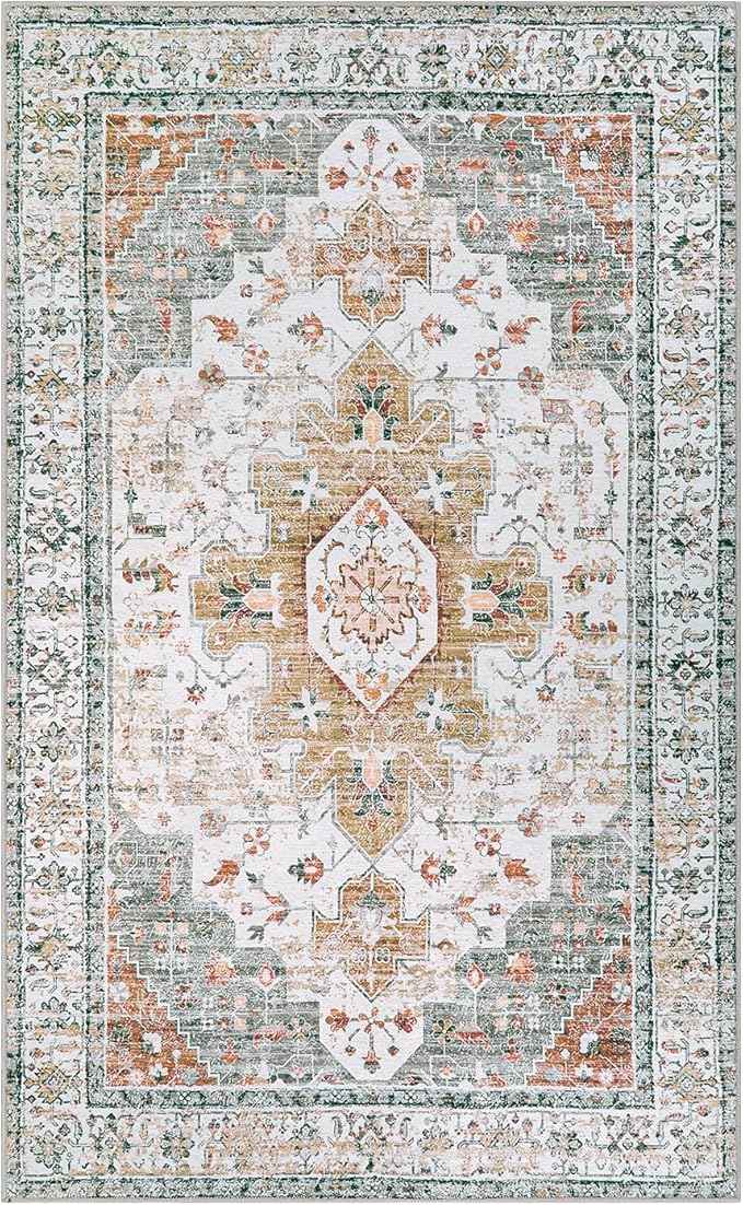 Moynesa Ultra-Thin Washable Area Rug - 3x5 Entryway Rug Washable Bedroom Rug Non Slip Front Door Mat, Vintage Medallion Printed Indoor Carpet for Living Laundry Bathroom Vanity Foyer, Beige/Gold