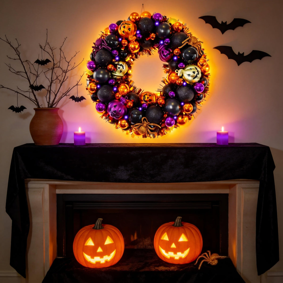 13.8 Inch Halloween Ball Wreath for Front Door with Lights