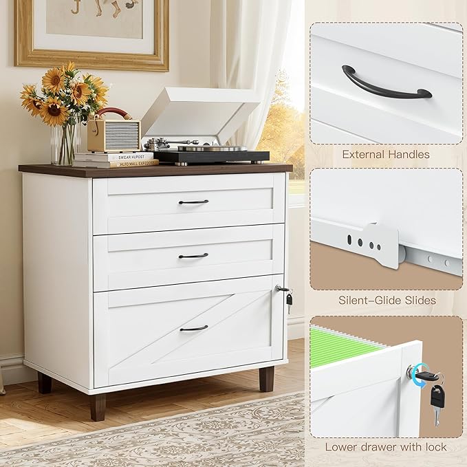 3 Drawer File Cabinet 32" Wide Lateral Filing Cabinets with Hanging File Folders for A4 Letter Legal Wood Office Storage Organizer Furniture Printer Stand for Home Office, Living Room（White）