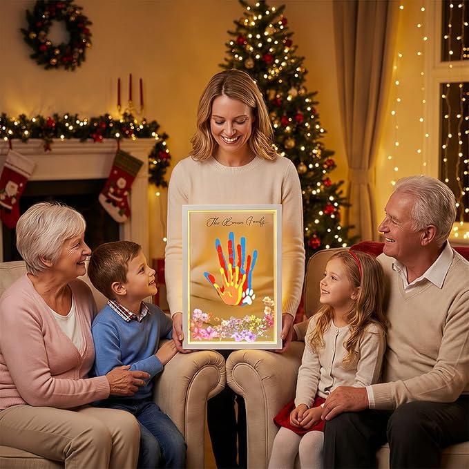 OurWarm Family Handprint Kit with Light, DIY Handprint Family Keepsake Wooden Frame with Sticker & Non-Toxic Baby Safe Paint, Baby Keepsake Gifts for Newborn, Mother's Day, New Parents, Adoption Day
