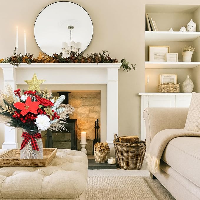 RyddeligHome Christmas Centerpieces for Tables in July, Holiday Table Decor, 100pcs Christmas Floral Arrangements in Vase, Pottery Xmas Decorations, Artificial Poinsettia Red Berry Pine Branches