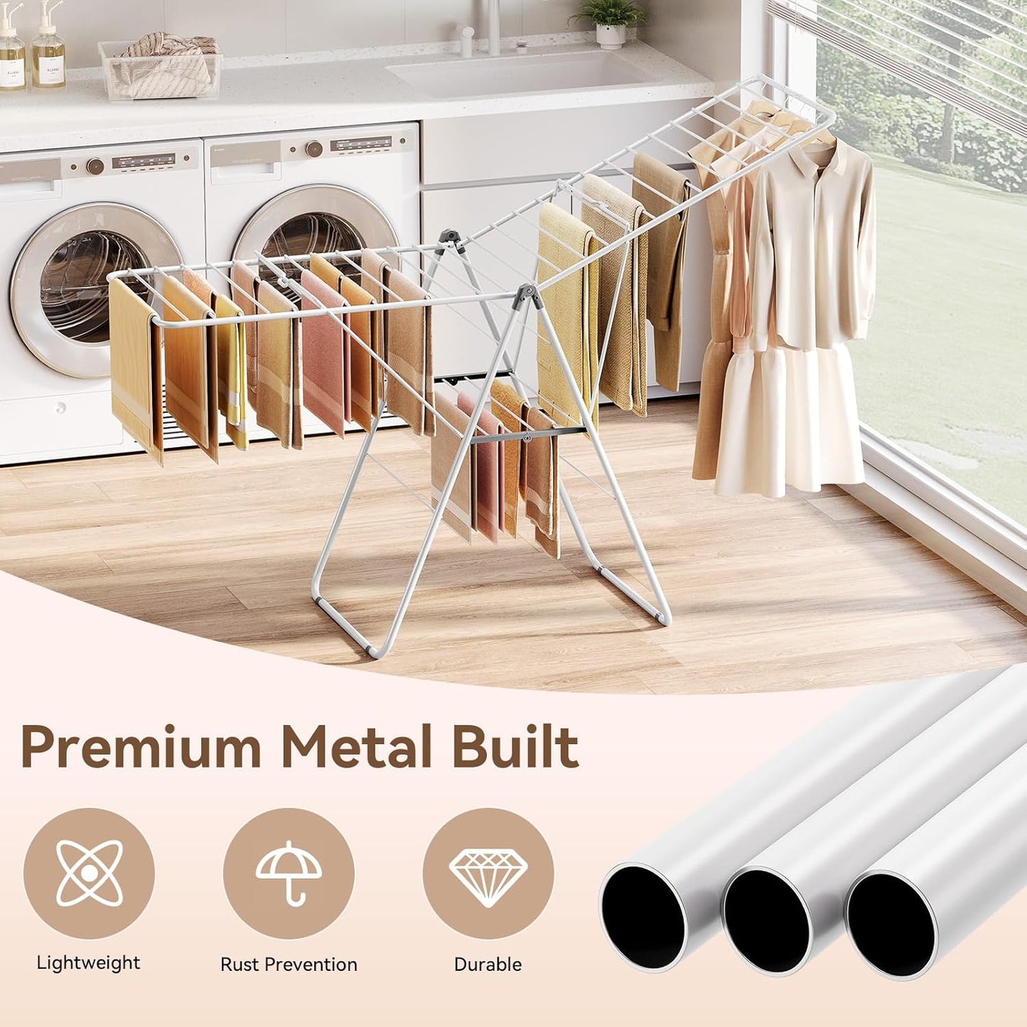 APEXCHASER Clothes Drying Rack, Foldable Drying Rack Clothing, Sturdy Metal Laundry Drying Rack, Height-Adjustable Gullwing, Easy to Fold, Space-Saving, for Indoor Outdoor, White - NestledHome