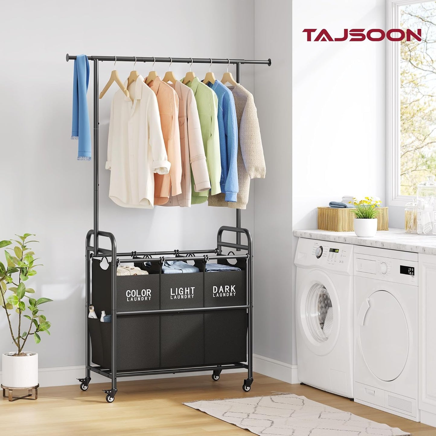 Tajsoon Laundry Sorter Cart with Hanging Rack, Laundry Sorter 3 Section, Laundry Hamper with Heavy Duty Rolling Lockable Wheels, Black - NestledHome