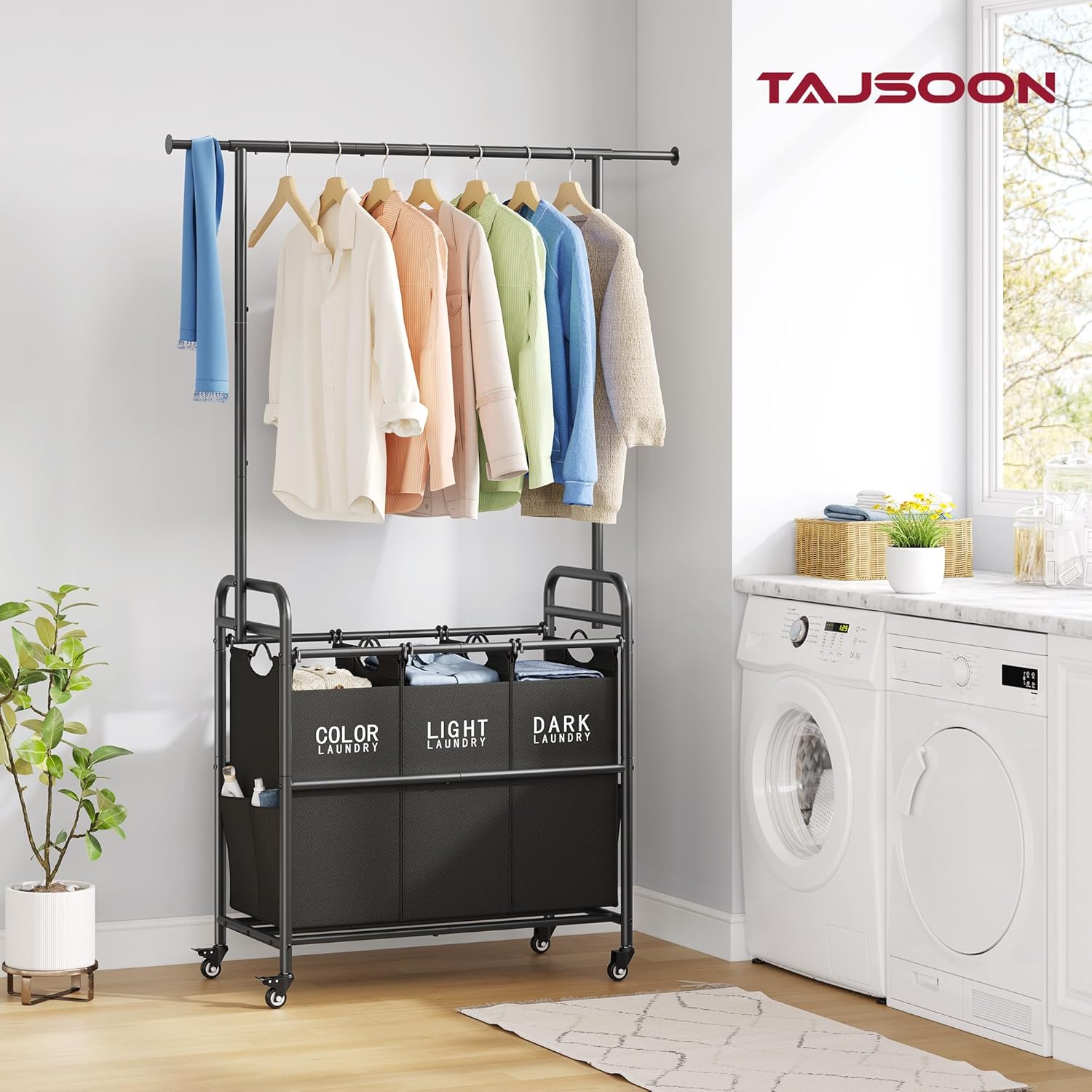 Tajsoon Laundry Sorter Cart with Hanging Rack, Laundry Sorter 3 Section, Laundry Hamper with Heavy Duty Rolling Lockable Wheels, Black - NestledHome