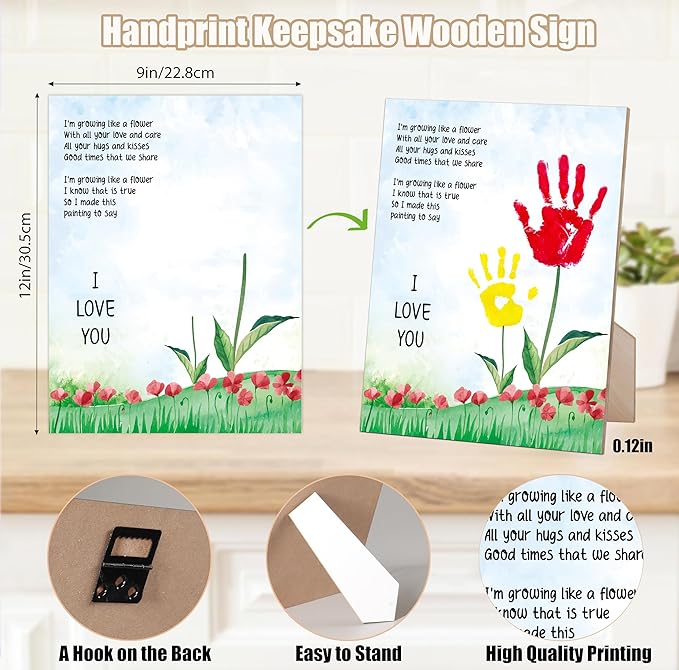 Family Handprint Kit, Flower Handprint Keepsake Wooden Sign with Stand and Hook - 9x12 Inch, Mothers Day DIY Crafts, Birthday Mother's Day Gift for Mom, Gifts for Grandma