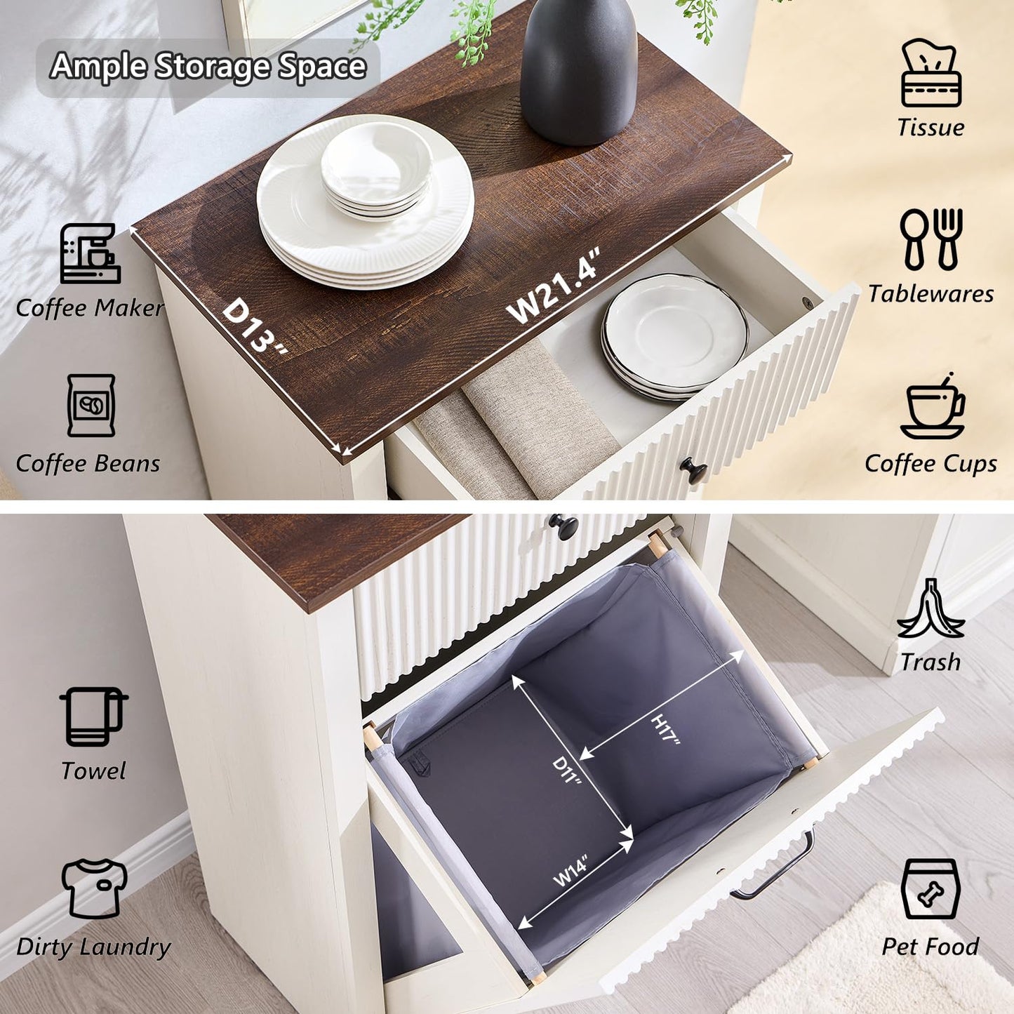 Modern Tilt-Out Trash Can Cabinet, 10 Gallon Fluted Laundry Hamper Cabinet with Drawers, Wooden Hidden Garbage Can Cabinets with Storage Basket, Free Standing for Kitchen and Living Room, White - NestledHome