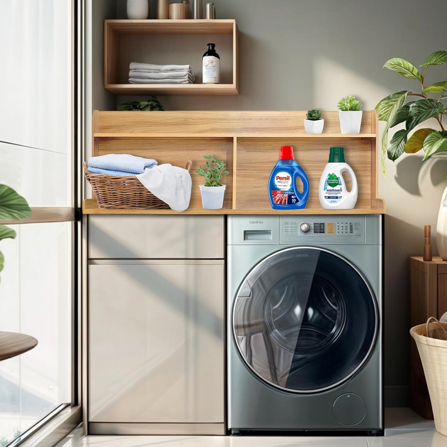 Royxen 2-Tier Washer Dryer Countertop,19.5" H Wood Washer Dryer Topper with Storage Shelf,Laundry Countertop Over Washer and Dryer, Universal Fit for Laundry Room Organization (Oak, 54" W X 27.5" D) - NestledHome