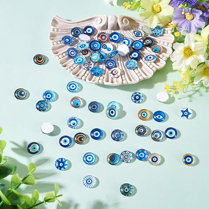 Craftora 100Pcs 12mm Transparent Evil Eye Glass Cabochons Mixed Blue Eyes Cameo Dome Tiles Flat Back Glass Covered Dome Tiles for DIY Bracelets Necklace Scrapbooking Art Crafts