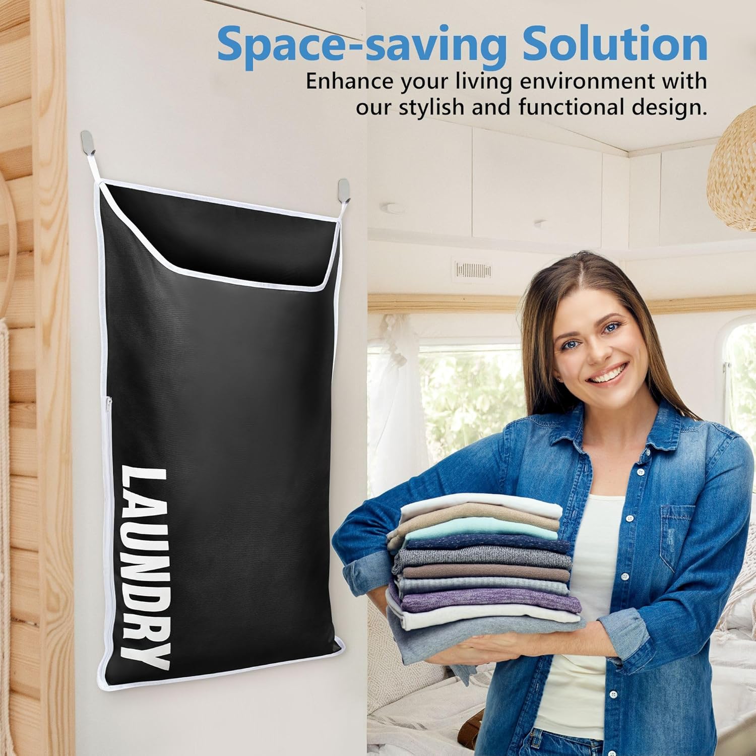 Hanging Laundry Hamper Bag XL 40x22", Space Saving over the Door Storage Bags, Behind the Door Hampers for Dirty Clothes & Wall Mounted Basket for Bathroom, Organizer for Small Room Spaces RV - NestledHome