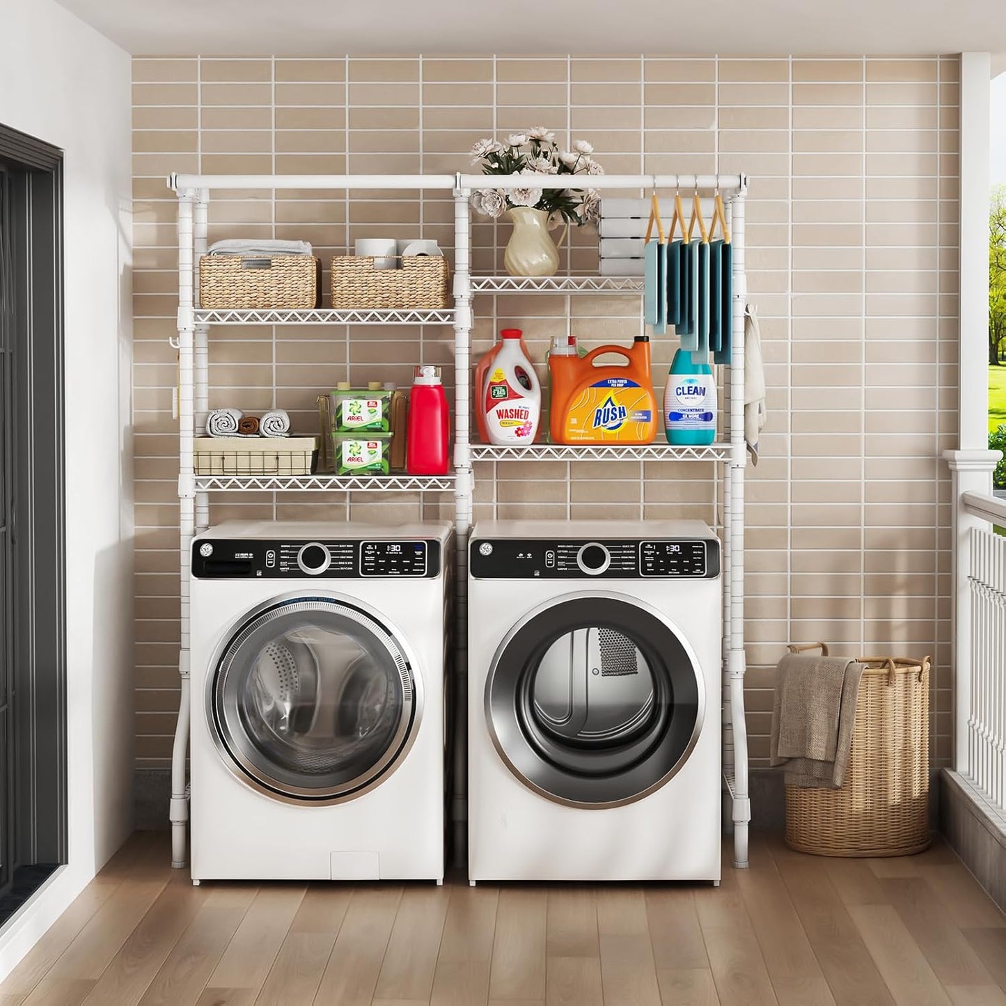 U14 Over Washer and Dryer Storage Shelves, 4 Tiers Laundry Room Storage and Organizer System, Space Saving Clothes Drying Rack with 2 Clothes Hanger Rods, 66.5" W x 20.5" D x 77.4" H, White - NestledHome