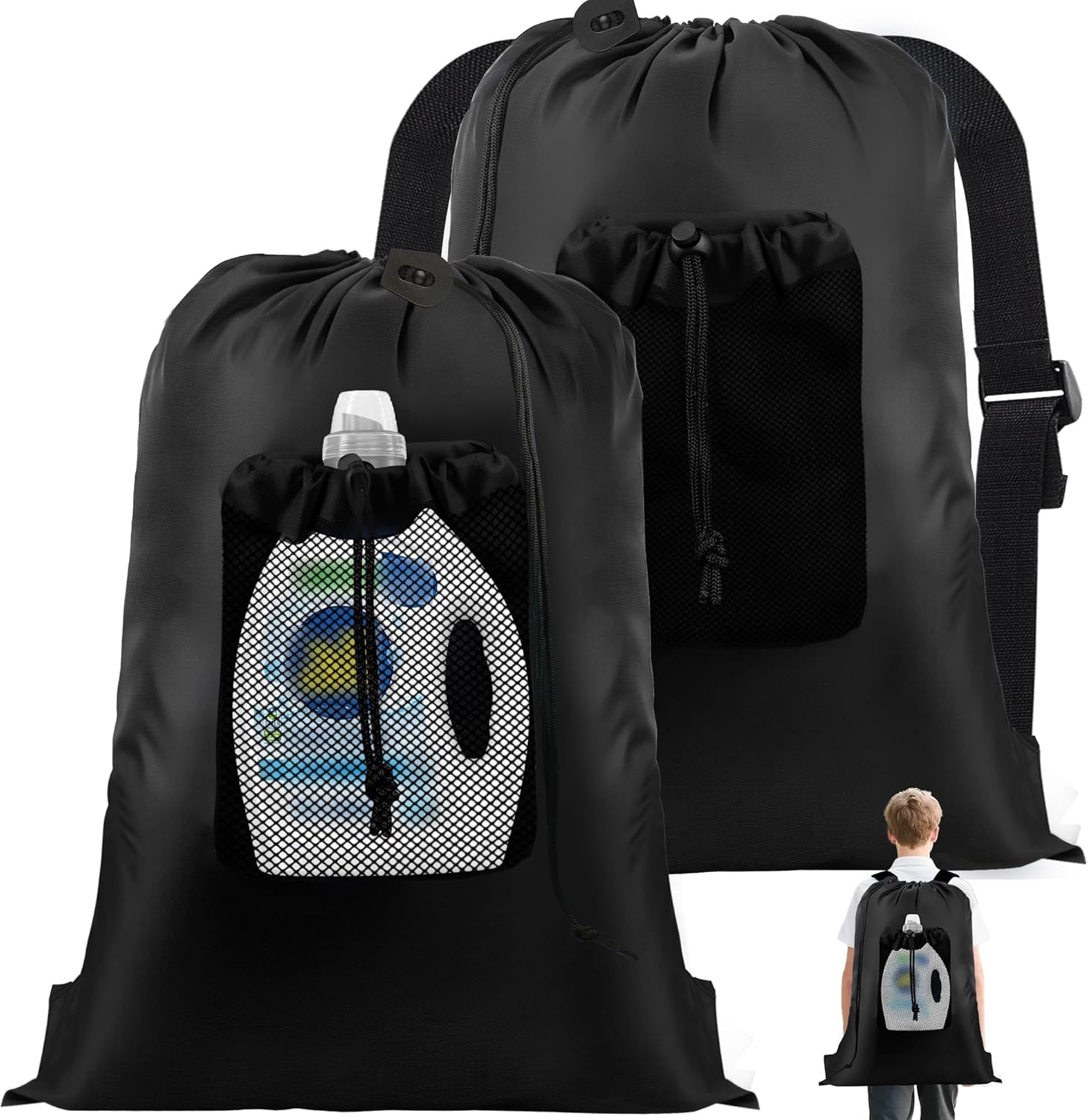 2-Pack Backpack Laundry Bags, Heavy Duty Laundry Bag Backpacks with Adjustable Shoulder Straps, Door Hanging Washing Bag, Laundry Hamper Lining for College Dorm, Travel, Laundromat - NestledHome