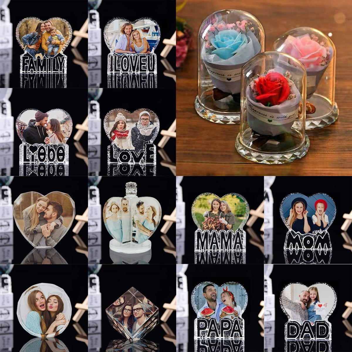 I Love U Photo Custom Night Light Rose Flower Bouquet Personalized 3D Crystal Lamp 7 Color Light Bluetooth Rotation Crystal Photo Frame Best Gift for Couple Love Women Men Wedding Christmas
