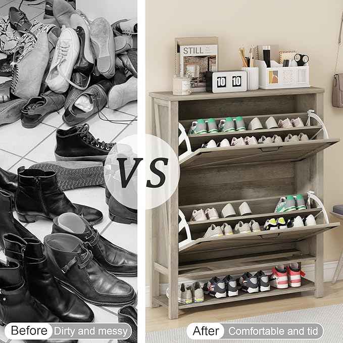 Vabches Shoe Storage Cabinet, Farmhouse Freestanding Organizer with 2 Flip Drawers, Wooden Hidden Narrow Slim Shoe Rack Cabinet for Entryway, Hallway, Foyer, Grey