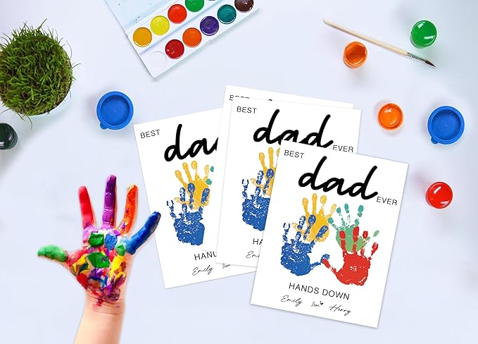 NZSXU Best Dad Ever Handprint Art Craft Kit Birthday Gift for Dad from Daughter Son, 10pcs DIY Baby Hand and Foot Print Greeting Cards, Fathers Day Crafts for Home Party Activities, Family Keepsake