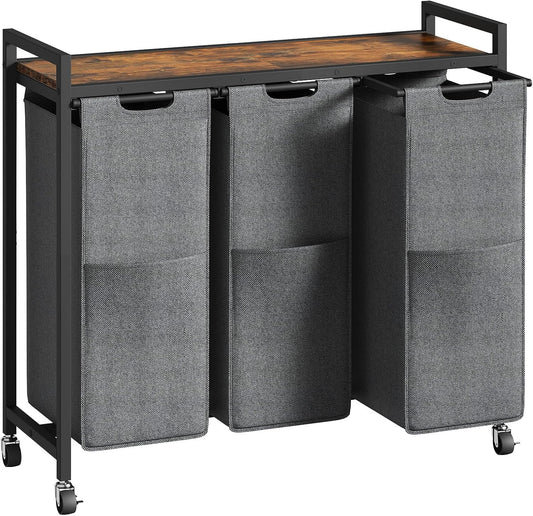 HOOBRO Laundry Sorter 3 Section, Laundry Hamper with Wheels, 3 × 11.5 Gal (43.4L), Rolling Laundry Basket, Pull-Out and Removable Oxford Fabric Laundry Bags, Rustic Brown and Grey BFG76XY01 - NestledHome