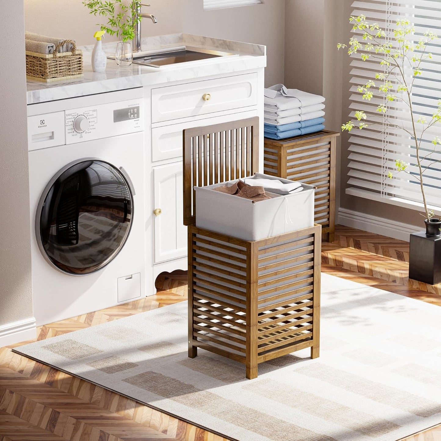 SMIBUY Double Laundry Hamper with Lid, 120L Bamboo Laundry Basket with Removable Liner Bag, 2-Section Clothes Divider Laundry Sorter for Laundry Room, Bathroom, Bedroom (Walnut) - NestledHome