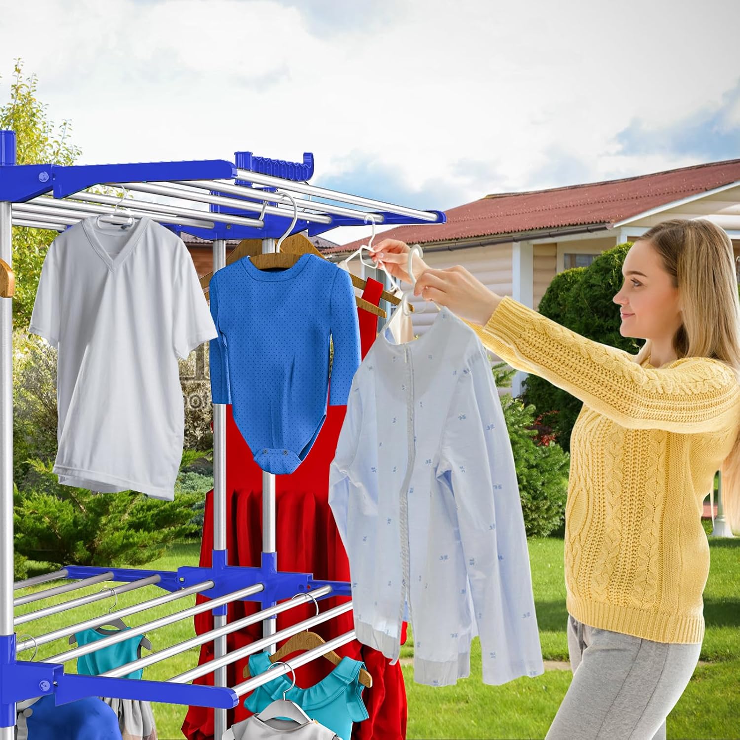 Bigzzia Clothes Drying Rack, 67.7 Inch Laundry Drying Rack with Foldable Base, 4 Tier Stainless Steel Drying Rack Clothing, Movable Laundry Rack for Indoor Outdoor-Blue - NestledHome