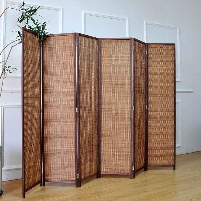 6 Panel Bamboo Room Divider – 5.6 ft Tall Folding Privacy Screen, Natural Brown Freestanding Partition Wall for Room Separation (67 x 92.1 inches)