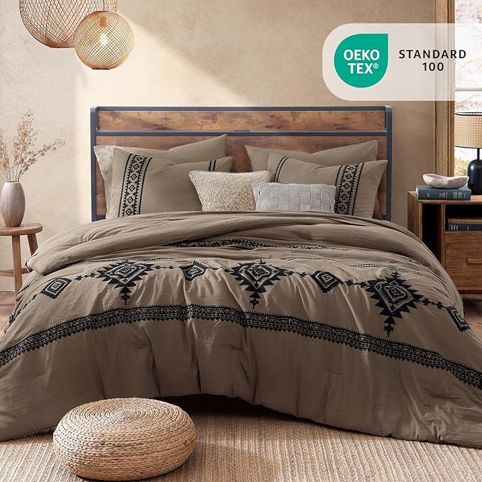MaiRêve Embroidery King Size Comforter Set Taupe Grey, Boho Farmhouse Western Bedding Set 7 Pieces, All Season Bed in A Bag Comforter Set with Sheets, Pillowcases & Shams