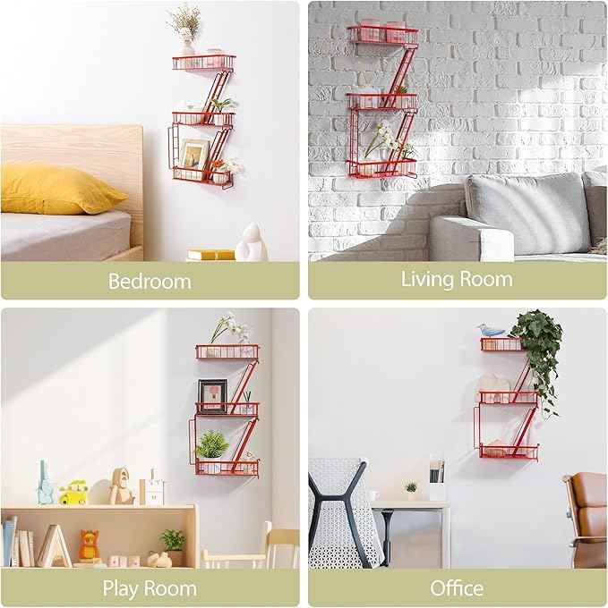 Fire Escape Wall Shelf Red - New York Wall Art Decorative Figure Display Floating Shelves Metal Racks for Living Room, Home Office Storage (3-Tier)