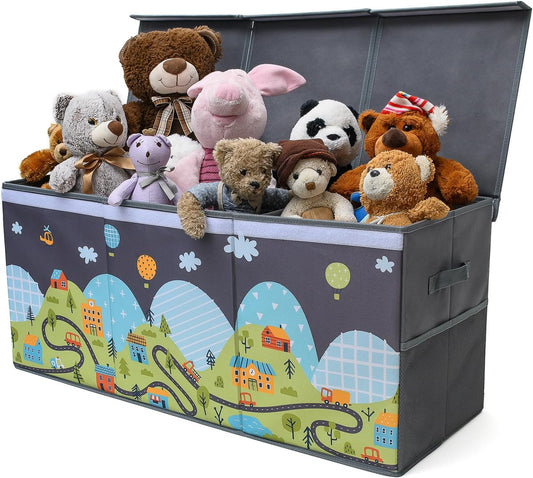 Extra Large Toy Storage Organizer with Lid - Sturdy, Collapsible Toy Chest Storage Box with Cute Design - Toys Bin with Dividers for Kids, Boys, Girls, Nursery, Bedroom, Play room 37"x16"x14" - NestledHome