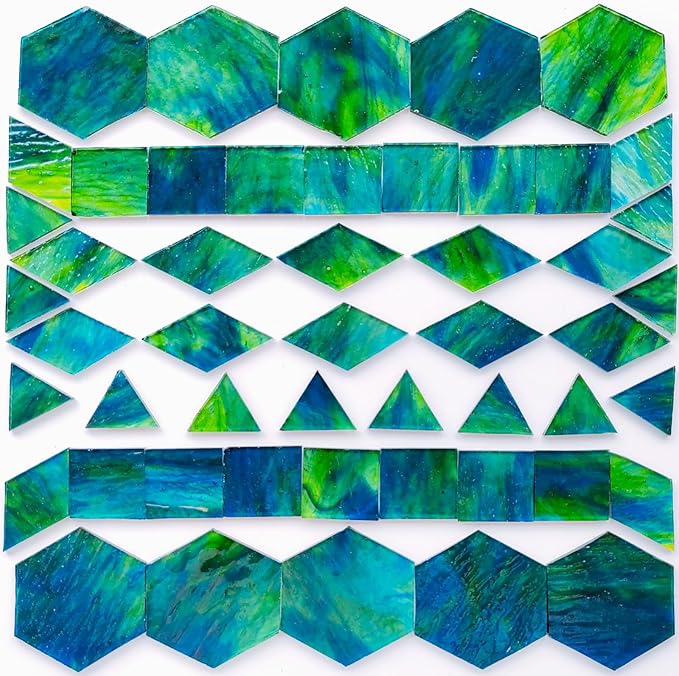 100pcs Stained Glass Mosaic Tiles - 1 Inch Each Side Dark Green & Blue Mixed Shapes (Triangle, Diamond, Square, Hexagon) for Crafts, Precut Glass Pieces, Mosaic Kits for Adults