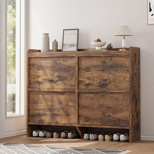 GarveeHome Shoe Cabinet with 4 Flip Drawers, Wooden Shoe Organizer Cabinet with Adjustable Shelf, Shoe Storage for Entryway, Hidden Shoe Cabinet for Hallway, Living Room, Rustic Brown