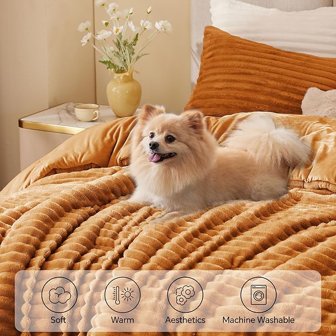 BEDELITE Fleece Twin Comforter Set -Super Soft & Warm Fluffy Rust Orange Bedding, Luxury Fuzzy Heavy Bed Set for Winter with 1 Pillow case