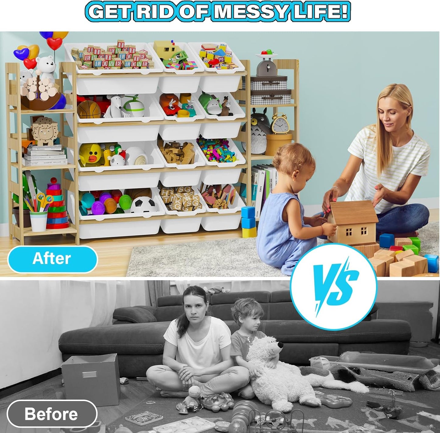 Toy Storage Organizer, with 4-Tier Toy Shelf and 12 Bins, Kids Bookshelf and Toy Storage with 6 Shelves for Kids Room Bedroom Playroom Nursery Room - NestledHome