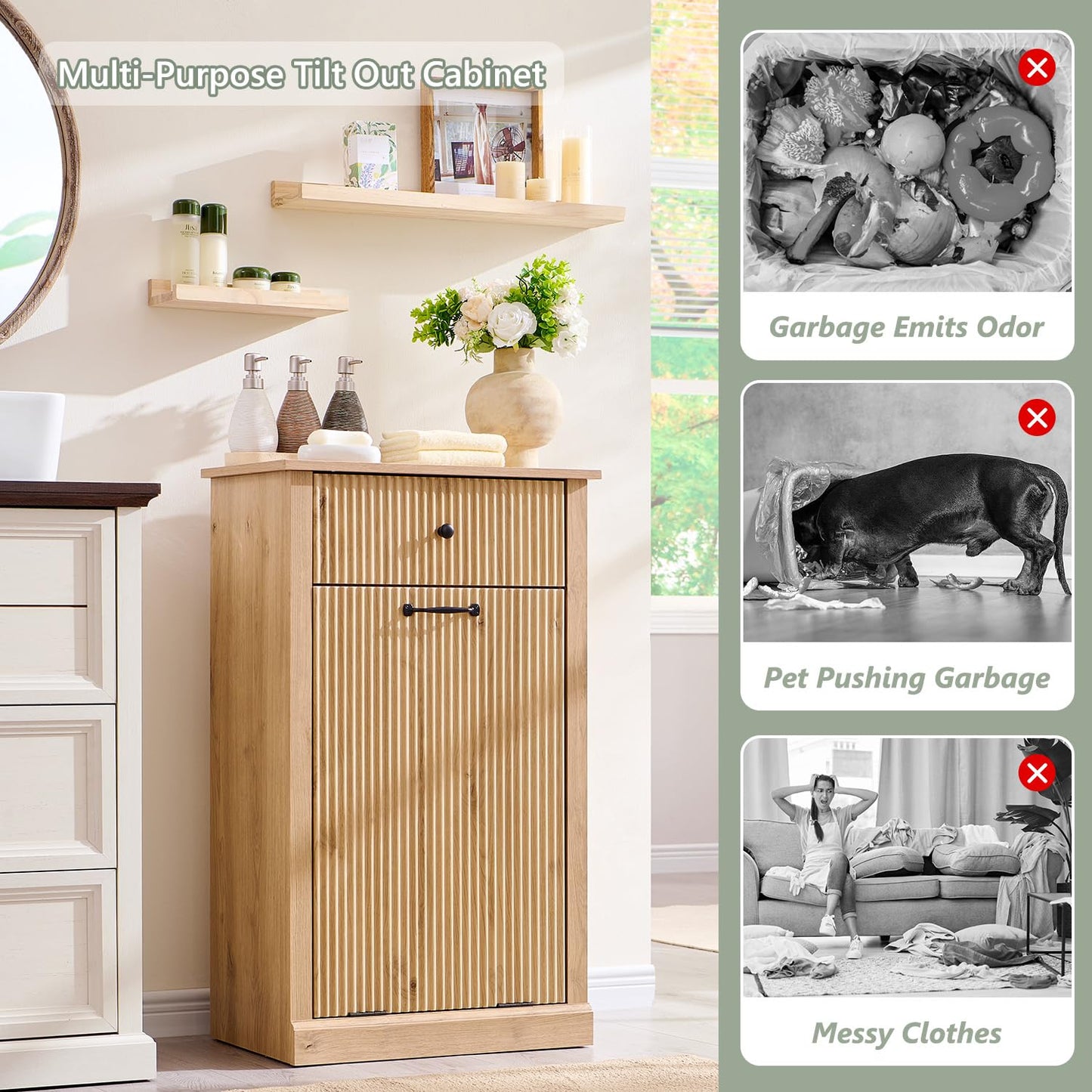 Modern Tilt-Out Trash Can Cabinet, 10 Gallon Fluted Laundry Hamper Cabinet with Drawers, Wooden Hidden Garbage Can Cabinet w/Storage Basket, Free Standing for Kitchen & Living Room,Natural Oak - NestledHome