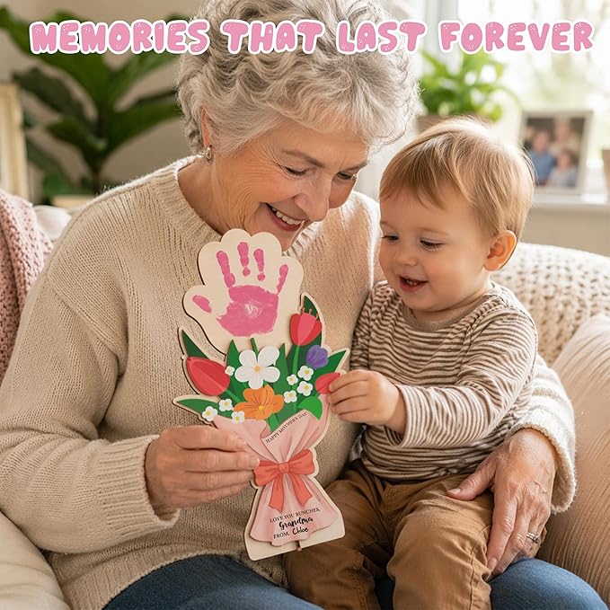 HYPERI DIY Mothers Day Crafts for Kids Handprint Art, Handprints Wooden Rose Flower Bouquet, Mothers Day Gifts for Mom from Kids, for Grandma from Grandkids, Mothers Day Keepsake Craft (Grandma)