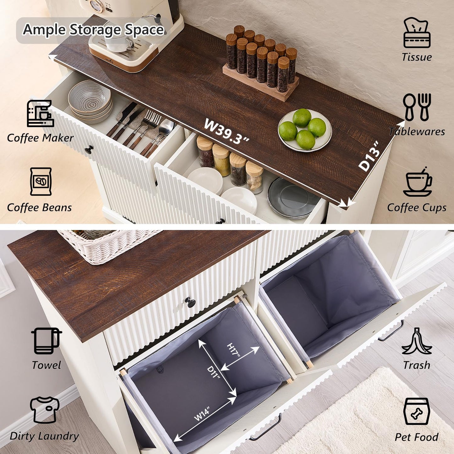 Modern Double Tilt-Out Trash Cabinet, 20 Gallon Fluted Laundry Hamper Cabinet w/2 Drawers, Wooden Hidden Garbage Can Cabinets with Storage Basket,Free Standing for Kitchen & Living Room, White - NestledHome