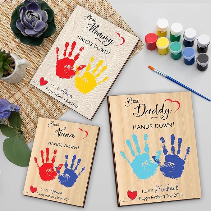 Personalized Hands Down Best Dad Ever Handprint Kit with Paint, Family Craft Wooden Sign, Fathers Day Handprint Plaque Keepsake, Mothers Day Birthday Gift for Mom, Grandma, Nana, Aunt