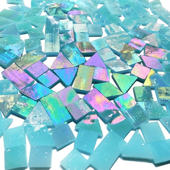 Iridescent Aqua Stained Glass Mosaic Tiles, 280 Pieces Mixed 4 Shapes Stained Glass Supplies for Mosaic Projects