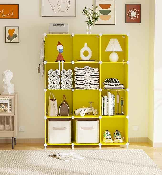 AWTATOS Cube Storage Organizer, Storage Cubes Shelves, 12 Cube Closet Organizers and Storage, DIY Stackable Bookshelf Plastic Clothes Organizer Shelving for Bedroom, Home,Yellow